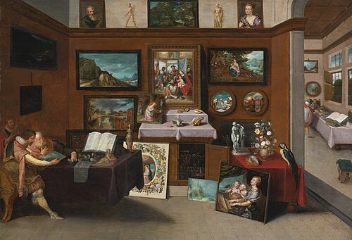 The interior of a picture gallery with connoisseurs admiring paintings, 1650, Frans II Francken