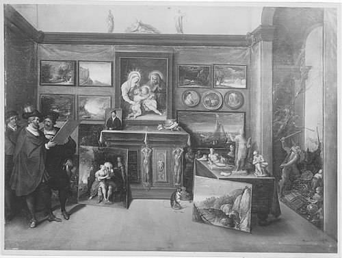 Connoisseurs in an art gallery, with outside the 'anes iconoclastes', 1615, Frans II Francken