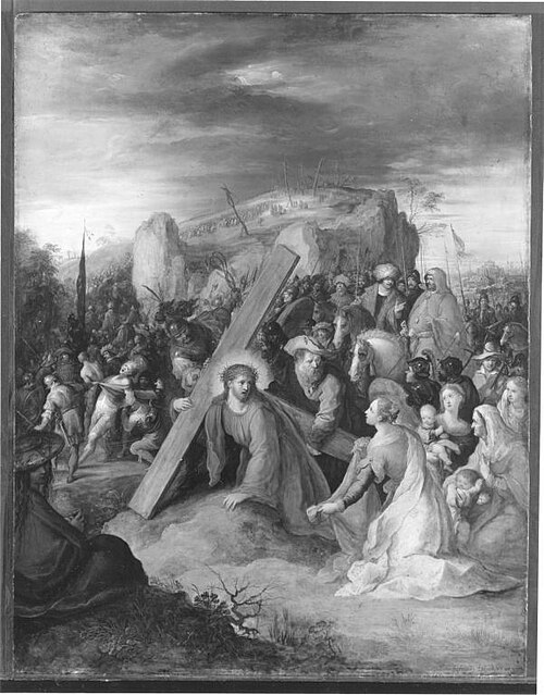 Saint Veronica has a cloth to dry Christs face during the way of the cross, 1612, Frans II Francken