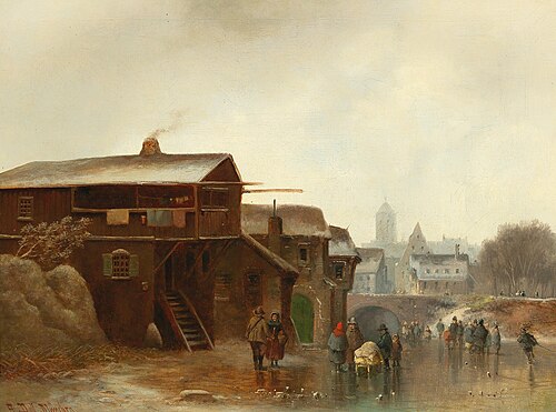 Winter Amusements with a Town in the background, 1887, Anton Doll