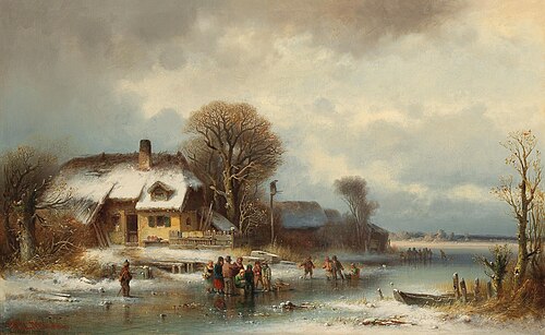 Winter landscape with ice skaters, 1887, Anton Doll