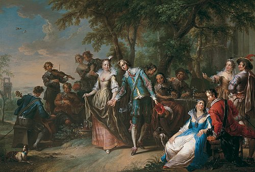 Elegant company dancing and drinking at the edge of a forest, 1740, Franz Christoph Janneck