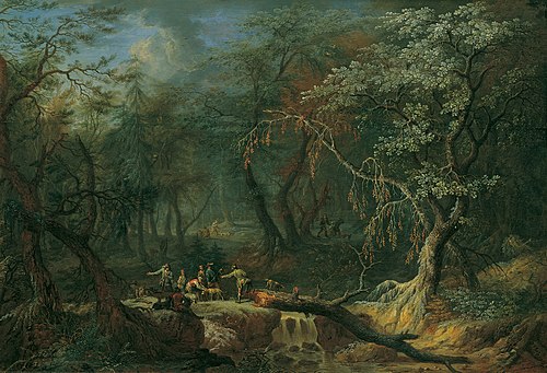 Waldlandschaft mit gestürztem Baum und Jägern, , Franz Christoph Janneck