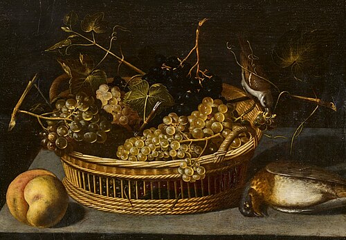 Still Life with a Basket of Grapes, a Peach, and Birds, , Francesco Codino