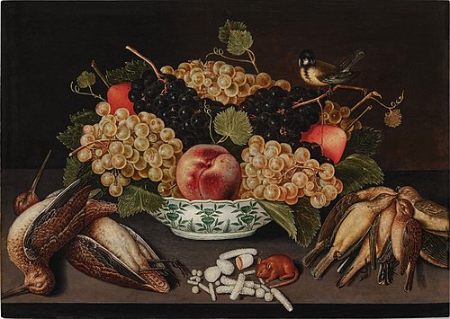 Still life of grapes, pears, and a peach in a porcelain bowl, with a blue tit on a vine branch, toge, , Francesco Codino