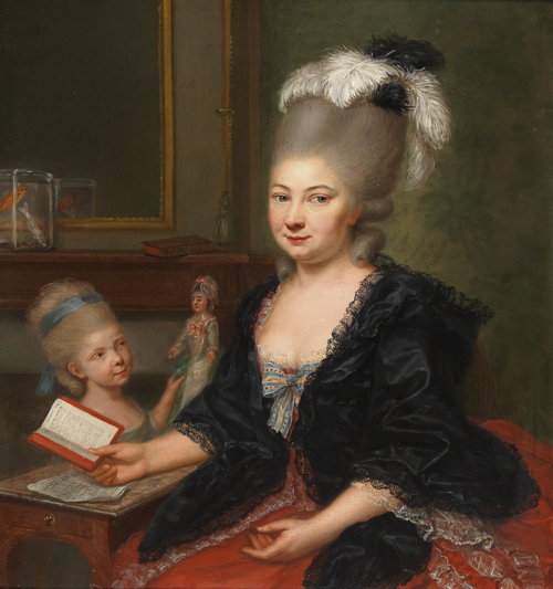 Portrait of a mother and her child reading Rousseau’s “Emile” in an elegant interior, 1778, Franz Peter Kymli