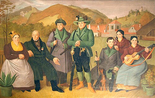 Familie des Sensengewerken Franz Serafin Zeitlinger an der Zinne., 1830, Franz Xaver Bobleter