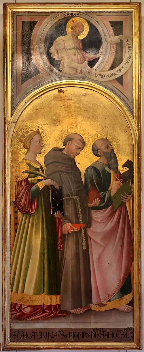 Sainte Catherine, saint Antoine de Padoue, saint Jean l'Évangéliste (au-dessus : Isaïe), 1465, Neri di Bicci