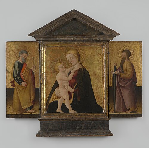Drieluik " Maria met kind, H. Petrus en H. Paulus" op hout door Neri di Bicci, circa 1470, Florence, 1470, Neri di Bicci
