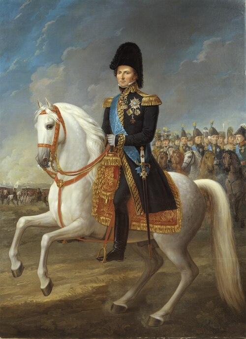 Intåget i Leipzig 1813 med Karl XIV Johan i generalsuniform på en vit häst i spetsen för sin stab, 1850, Fredric Westin