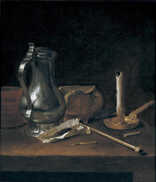 Toebackje still life with pewter jug, tobacco, pipe and candle, 1657, Theodoor Smits