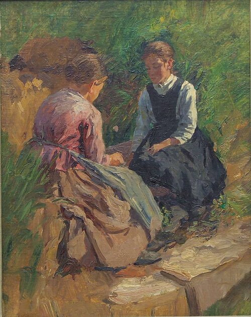 Zwei sitzende Mädchen im Grünen, 1893, Friedrich Kallmorgen