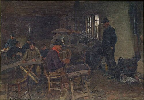 Fischer in einer Hütte beim Krabbenpuhlen, 1908, Friedrich Kallmorgen