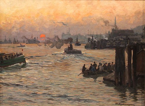 Homecoming shipyard workers at Hamburg port in the Evening, 1905, Friedrich Kallmorgen