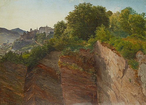 Blick vom Salzburger Mönchsberg auf die Festung Hohensalzburg, 1830, Friedrich Loos