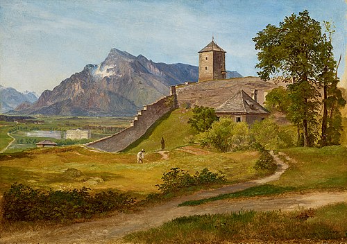 Das Militärwachthaus und der Josefsturm auf dem Salzburger Mönchsberg, 1835, Friedrich Loos