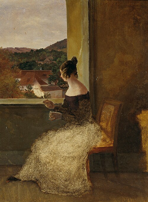 Dame am Fenster mit Spinnrocken, 1835, Friedrich Loos