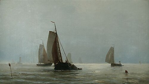 Zeegezicht met zeilende tjalken op rus- tig water onder nevelige hemel,tegenlicht, 1894, Jacob Eduard van Heemskerck va