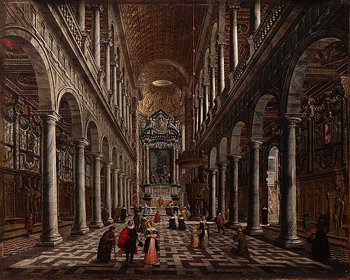 Interior of the Jesuit church in Antwerp with elegant company, 1665, Anton Gunther Gheringh