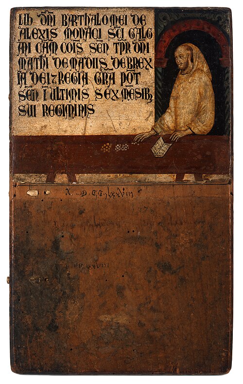 Cover of an account book of the Sienese tax authorities with the portrait of the treasurer, 1278, Rinaldo da Siena