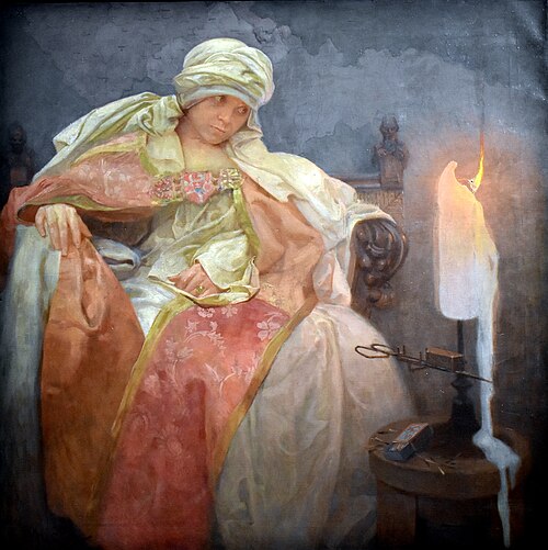 Femme regardant une bougie allumée, 1933, Alfons Mucha