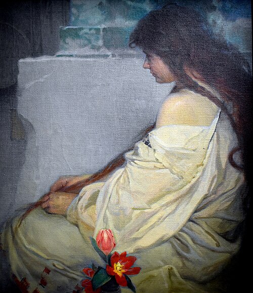 Fille aux cheveux lâchés et aux tulipes, 1920, Alfons Mucha