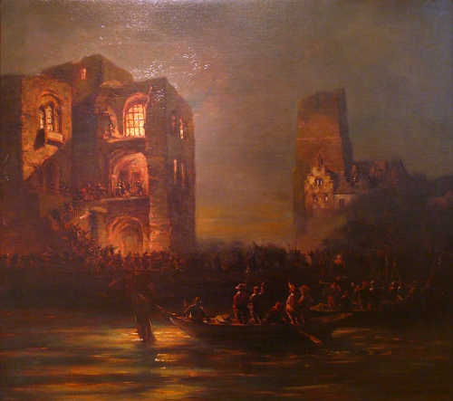Die brennende Brömser Burg bei Rüdesheim., 1892, Fritz von Wille