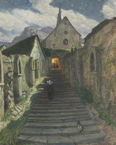 Mondschein in Alken an der Mosel. Nächtlicher Treppenaufgang zur Michaeliskapelle., 1941, Fritz von Wille