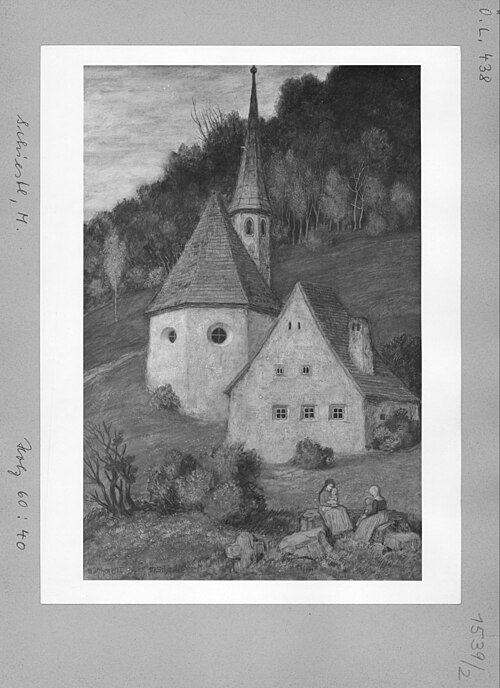 chapel with house and figures, 1922, Matthäus Schiestl
