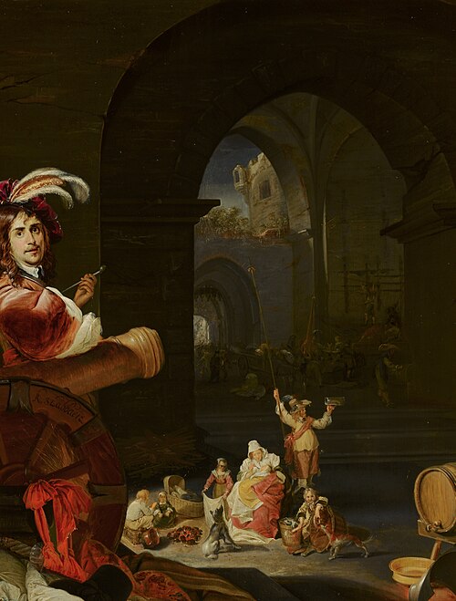Soldiers and Other Figures among the Ruins of a Castle, with a Self-Portrait of the Artist in the Fo, 1650, Karel Slabbaert