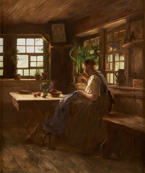 Fille de Gutach cousant dans la pièce, 1885, Wilhelm Hasemann