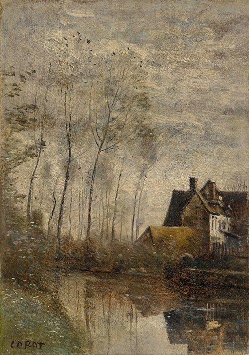 A Corner Of The River With Houses And Poplars, , Jean-Baptiste Camille Corot