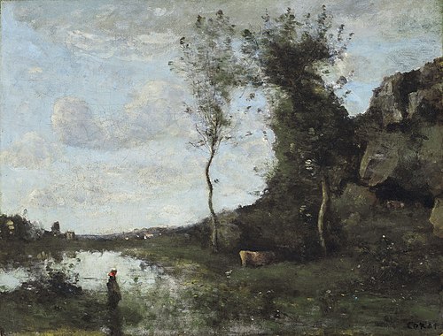 Une paysanne et sa vache à la mare en vue d'un village, 1863, Jean-Baptiste Camille Corot