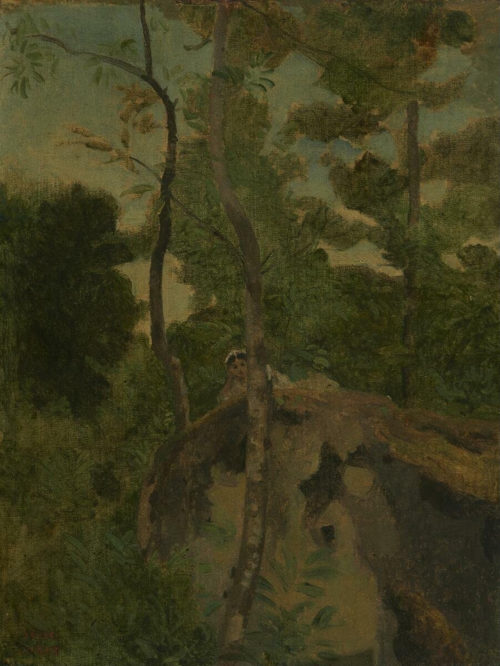 Les Alinges. Jeune fille couchée sur un rocher sous les arbres, 1853, Jean-Baptiste Camille Corot