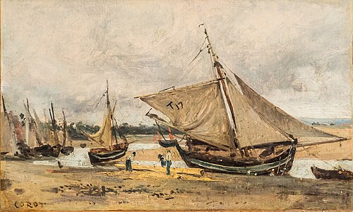 Trouville, bateaux de pêche échoués dans le chenal, 1830, Jean-Baptiste Camille Corot