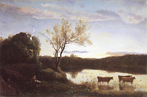The Pond, Three cows and a Crescent Moon, 1850, Jean-Baptiste Camille Corot