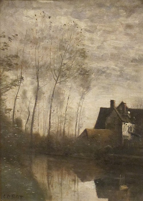 A River Scene with Houses and People, 1850, Jean-Baptiste Camille Corot