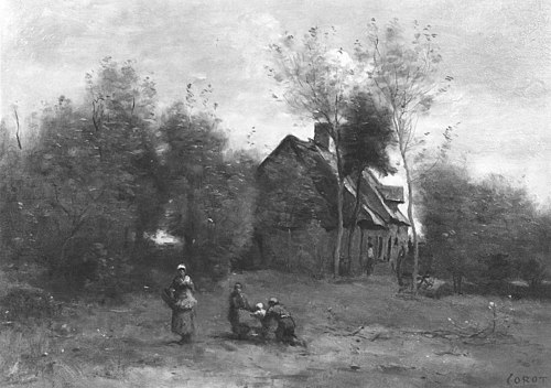 Farmyard at Sin, near Douai, with Children at Play, 1872, Jean-Baptiste Camille Corot