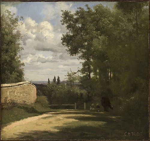 Ville d'Avray, chemin bordé d'un mur conduisant aux étangs, 1828, Jean-Baptiste Camille Corot