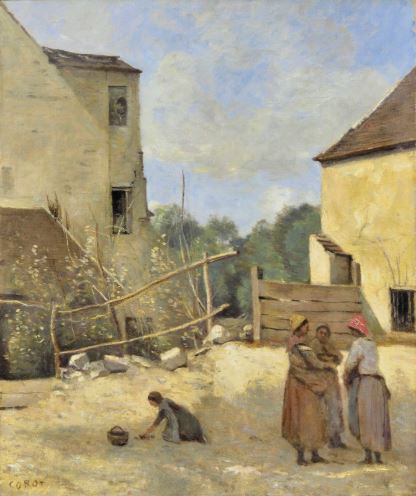 Three peasant girls chatting in a rustic courtyard, 1870, Jean-Baptiste Camille Corot
