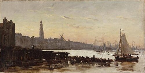 Gezicht op Amsterdam, vanaf de IJhaven met zicht op de Zuiderkerkstoren, , Jean-Baptiste Camille Corot