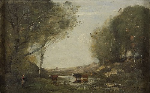 Cows and Water, , Jean-Baptiste Camille Corot