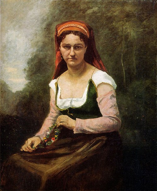 Paysanne assise dans la verdure, tenant une guirlande de fleurs, 1869, Jean-Baptiste Camille Corot