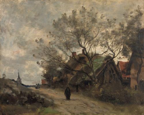 Flesselles. Chaumières vues à travers les arbres au bord d'une route, 1864, Jean-Baptiste Camille Corot