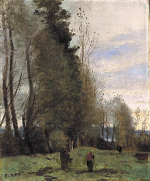 Ranch resting place, peasant and three cows, 1873, Jean-Baptiste Camille Corot
