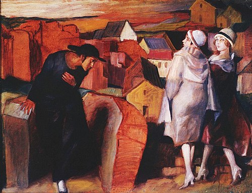 Spotkanie. Żydowski młodzieniec i dwie kobiety w zaułku miejskim, 1920, Bruno Schulz