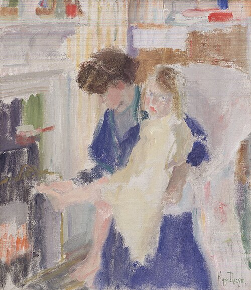 Mother and Child in Front of the Hearth at Sanderstead (England), 1916, Hippolyte Daeye