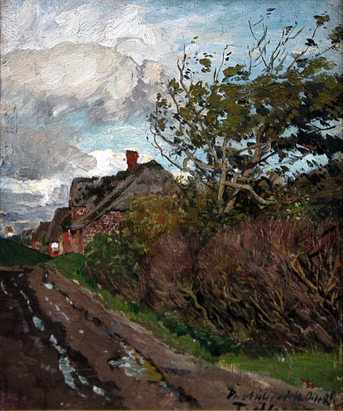 Deezbüll dyke with church tower, 1881, Hans Peter Feddersen