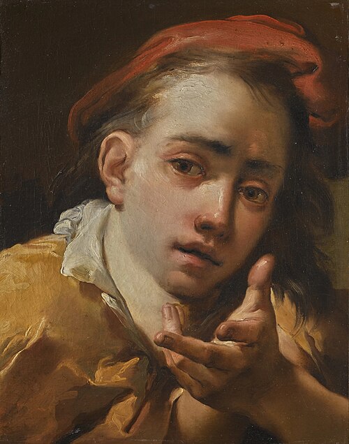 Portrait of a young man, bust-length, wearing a red cap and gesturing to the viewer, 1771, Gaetano Gandolfi