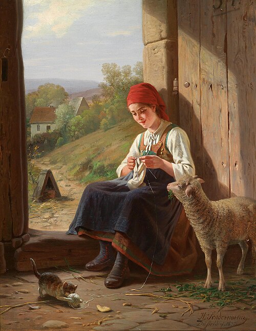 Knitting girl with kitten, 1891, Hermann Sondermann
